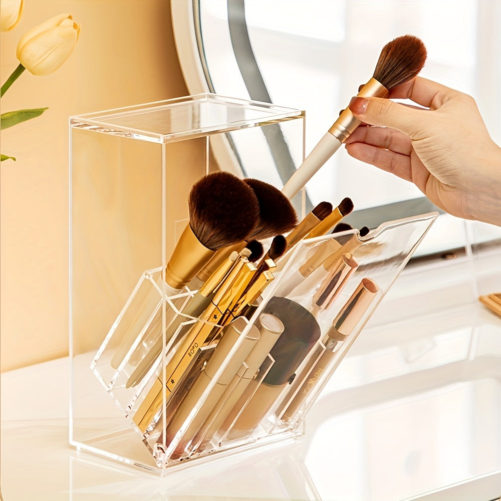 Porta-pincéis de maquiagem ajustável em acrílico transparente com compartimentos