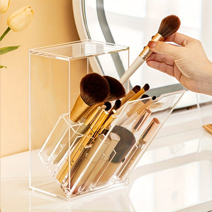 Porta-pincéis de maquiagem ajustável em acrílico transparente com compartimentos