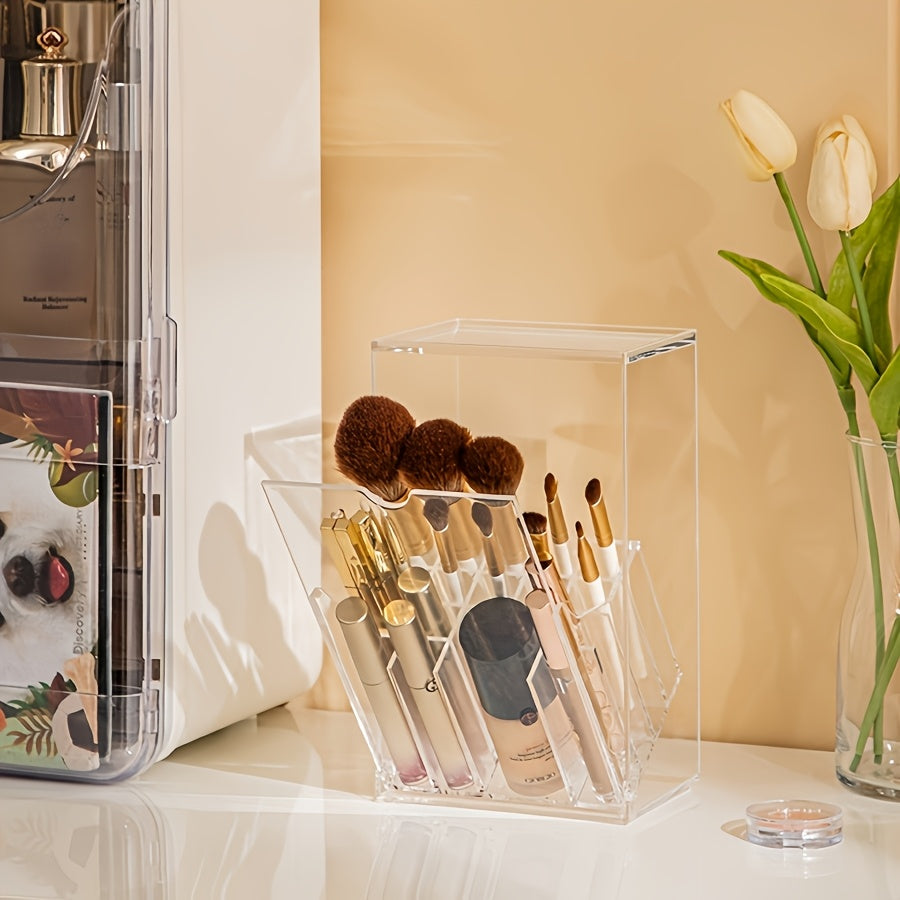 Porta-pincéis de maquiagem ajustável em acrílico transparente com compartimentos