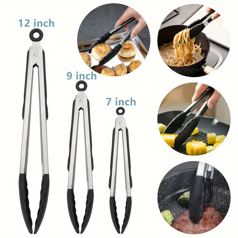 Pinças de cozinha de aço inoxidável com pontas de silicone - 3 peças