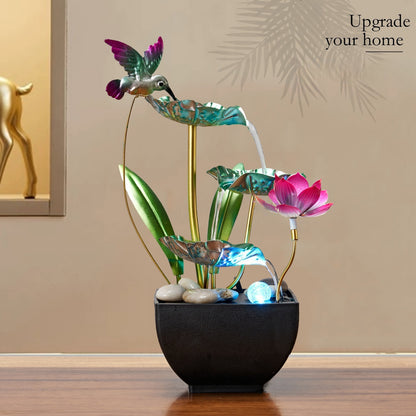 Fonte de água de mesa de 3 níveis com beija-flores e flores de lótus