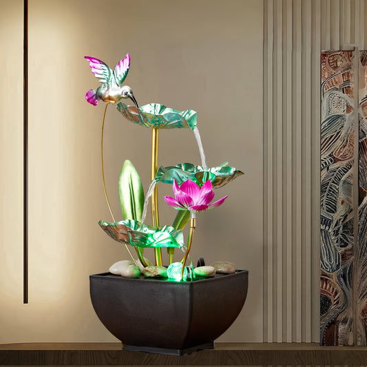 Fonte em forma de cascata em formato de beija-flor de 3 níveis com sons relaxantes